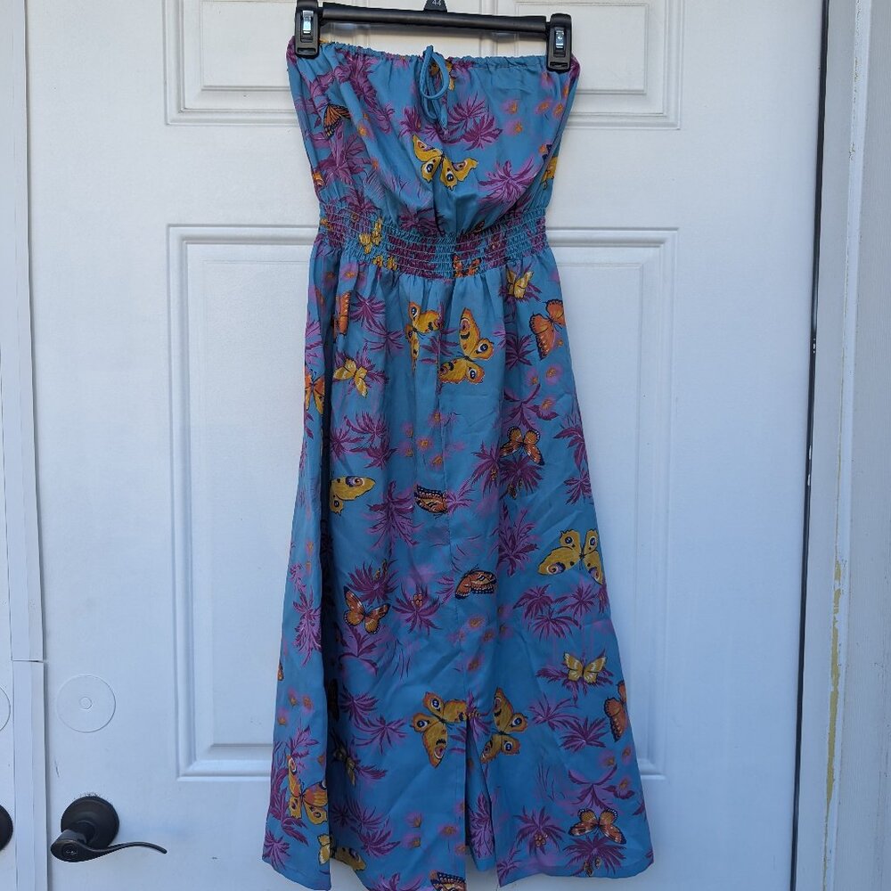 Vintage 70s Floral Butterfly Blue Strapless Dress Summer Vacation Small Byer Too